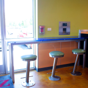 Specialty 5006 Swing out stool by Seating Innovations - Specialty, Commercial Use Application, Commercial Room, Modern Style, Misha 345 (Holland Chair), Satin Nickel Finish, Upholstered Seat Seat, Custom Height Height