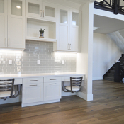 Desk 3015 White desk with two hanging bar chairs.